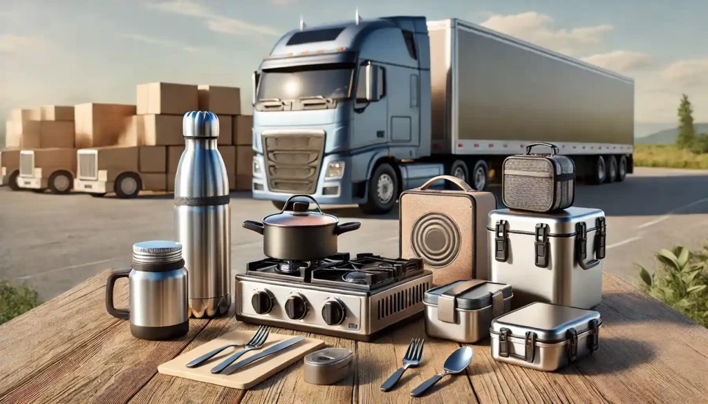 DALL·E 2025 01 18 17.01.27 A realistic, clean image showcasing a selection of cooking and food storage solutions for truck drivers. The display includes a compact portable stove (1)