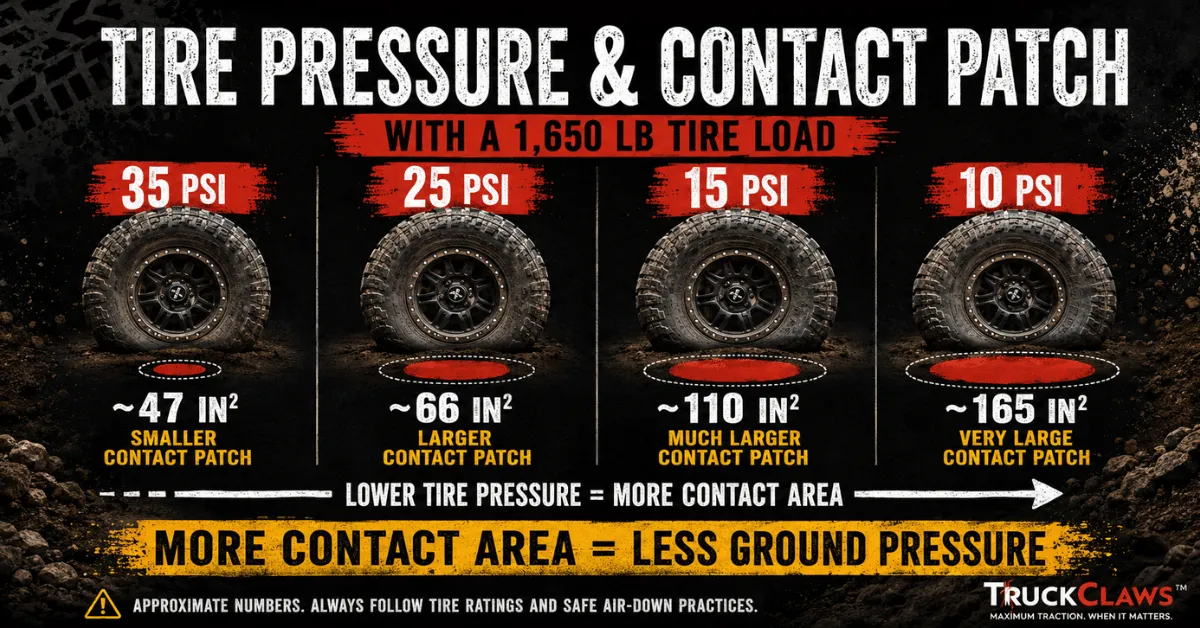 Tires at 35, 25, 15, and 10 PSI showing tire pressure and contact patch under a 1,650 lb tire load