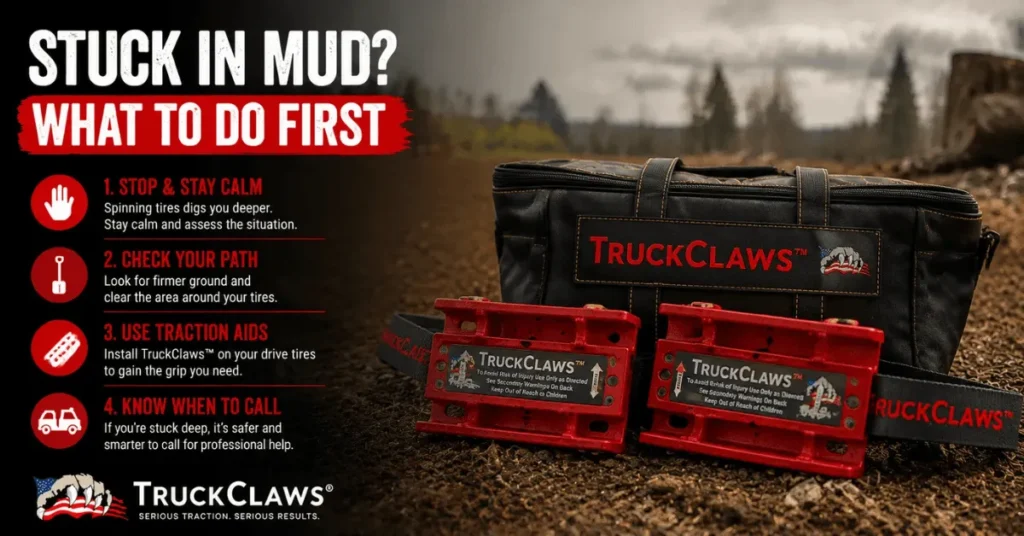 Box truck stuck in mud recovery steps showing traction aid guidance.